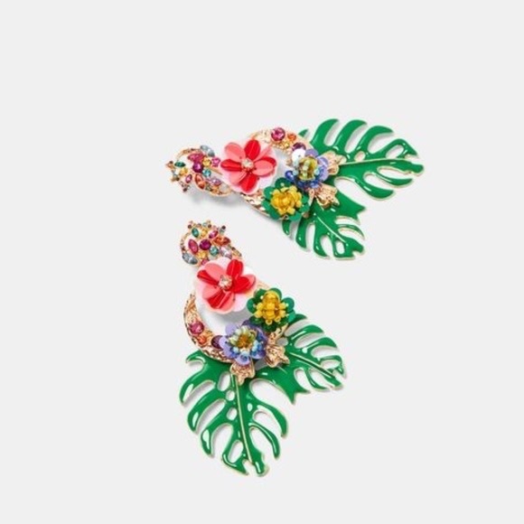 ZARA Gold & Multi Bright Tropical Floral Palm Leaf Dangle Statement Earrings - Picture 5 of 16